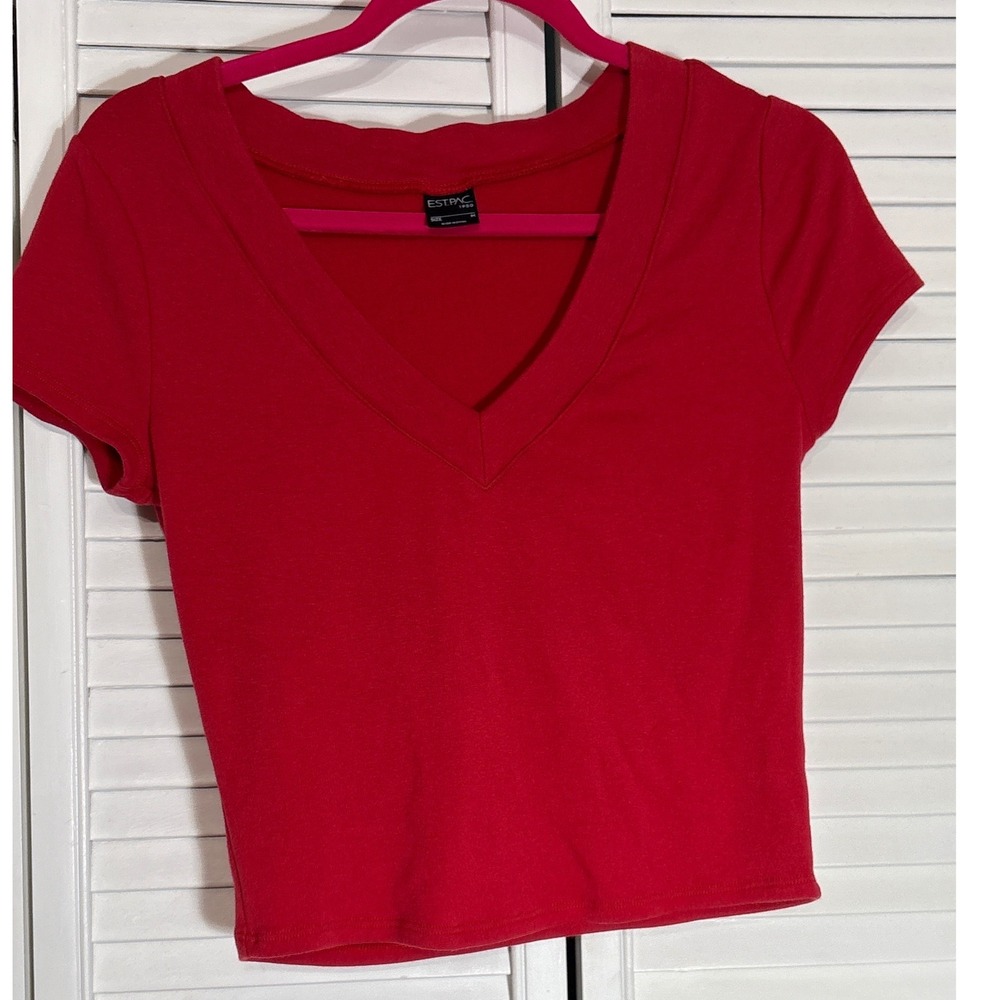 Est. Pac. 1980 Womens Red V Neck Short Sleeve Fitted Crop T-Shirt Size Medium